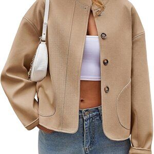 Womens Short Pea Coats Oversized Long Sleeve Button Down Casual Bomber Jackets w